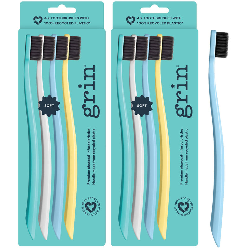 Grin Charcoal-Infused 100% Recycled Toothbrush, Soft, 4 Count (Pack of 2), Summer Beach, Suitable for Sensitive Teeth and Gums 4 Count (Pack of 2)