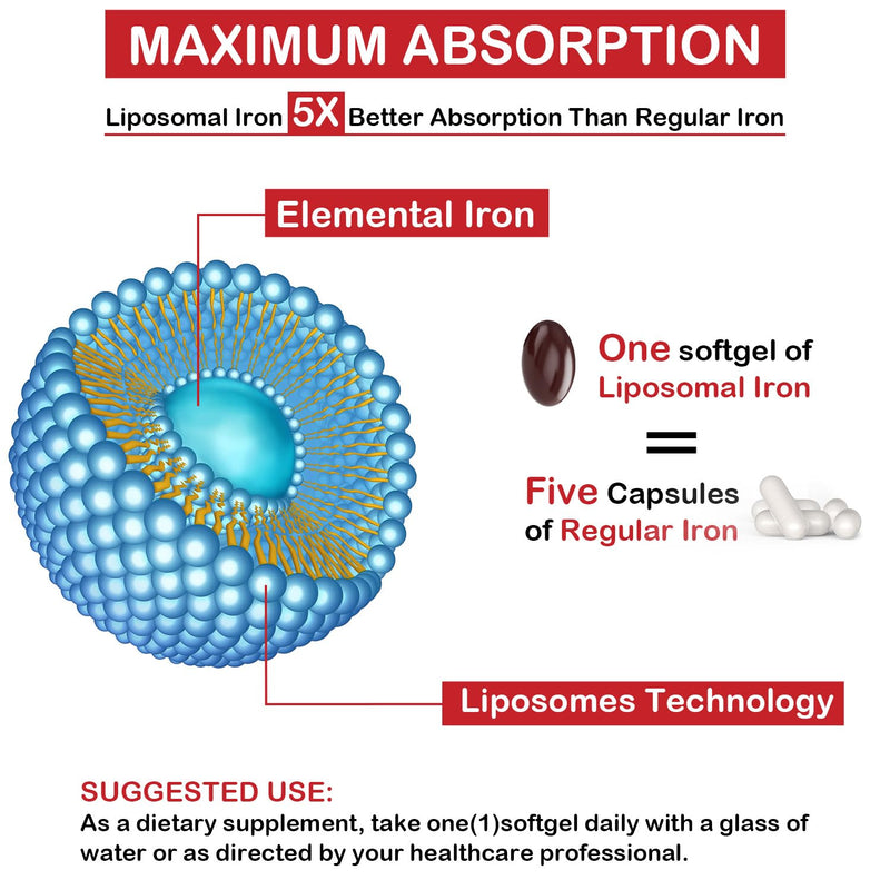 Liposomal Fe Iron Supplement for Women, 65 mg Iron Supplement with Folic Acid & Vitamin B12 for Men, Daily Blood & Energy Support for Adults Iron Deficiency 60 Softgels (1 Bottle) | 65 mg Iron Supplement with Folic Acid & Vitamin B12 for Men, Dietary S...