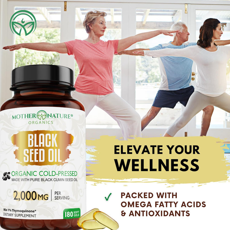 [Australia] - ORGANIC Black Seed Oil Capsules - 3 Month Supply - 180 Count (2000mg Per Serving) High Potency, Organic Cold Pressed Nigella Sativa Oil (Non-GMO) 180 Count (Pack of 1) 