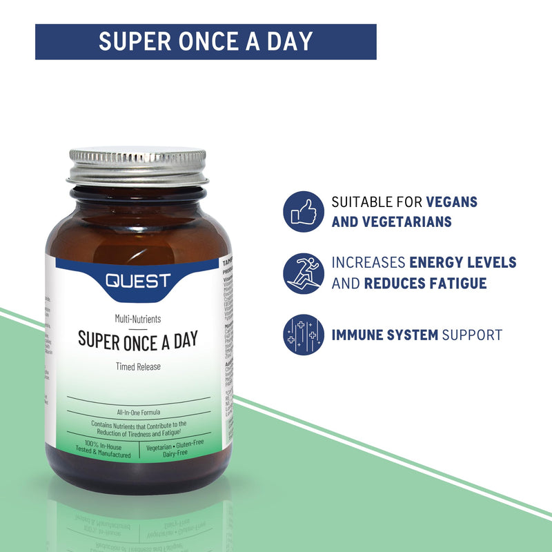 Quest Super Once A Day Multivitamin & Minerals 30x Tablets. 17 Vitamins & 12 Minerals with Vitamin A, B, C, D, Iron & Zinc for Men & Women. for Optimal Health, Reduces Fatigue & Immunity. (1 Pack) Unflavoured 30 count (Pack of 1)