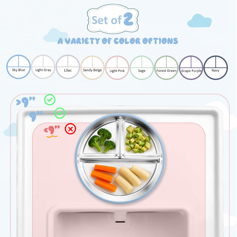 [Australia] - Stainless Steel Toddler Plate with Suction, 9‚Äù Divided Plates with Removable Silicone Sleeves for Kids, Non Toxic & BPA Free | Non Slip | Unbreakable Baby Snack Dishes Set of 2, Blue & Gray Suction- Blue & Gray 9" Round - 2 Packs 