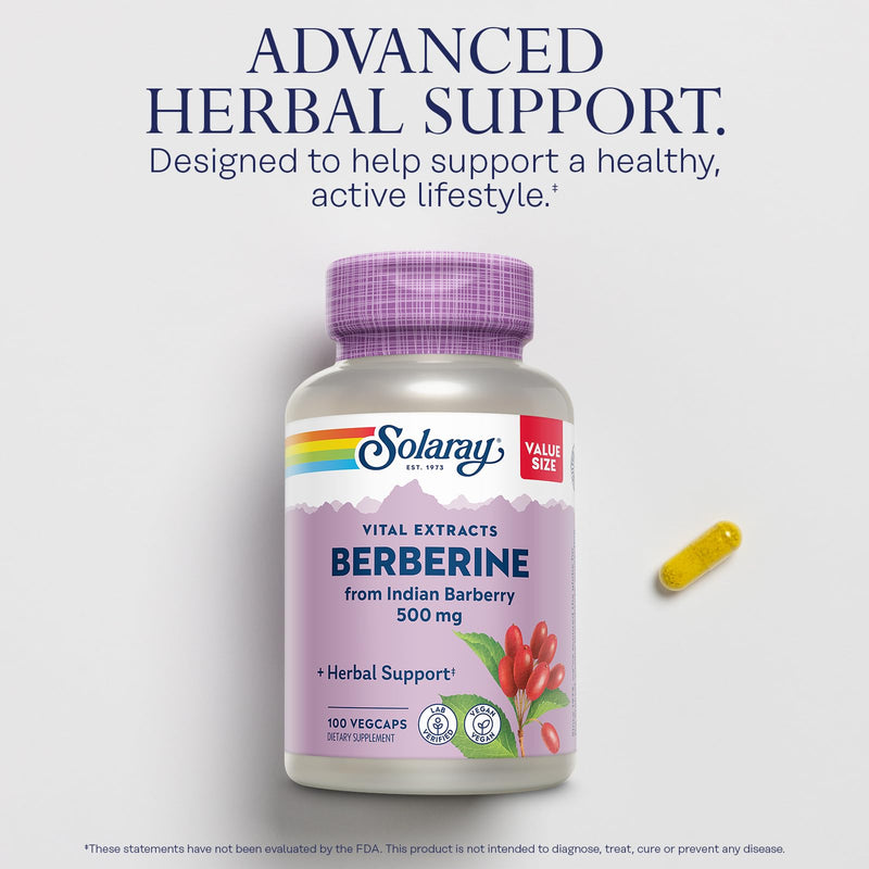 [Australia] - SOLARAY Berberine 500mg - Berberine Supplement for a Healthy, Active Lifestyle - with Berberine HCl from Indian Barberry - Vegan, Non-GMO, 60-Day Guarantee, Lab Verified - 100 Servings, 100 VegCaps 100ct 