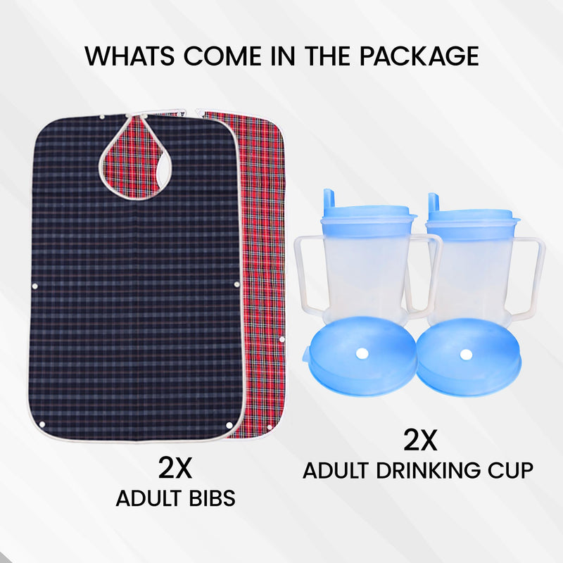 Set of Two Medisure Spill Proof Cups for Adults (300 ml) and Two Washable Adult Bibs for Elderly - Covered Drinking Cups for Adults, Waterproof Bibs for Elderly Eating, Senior Dining Aid