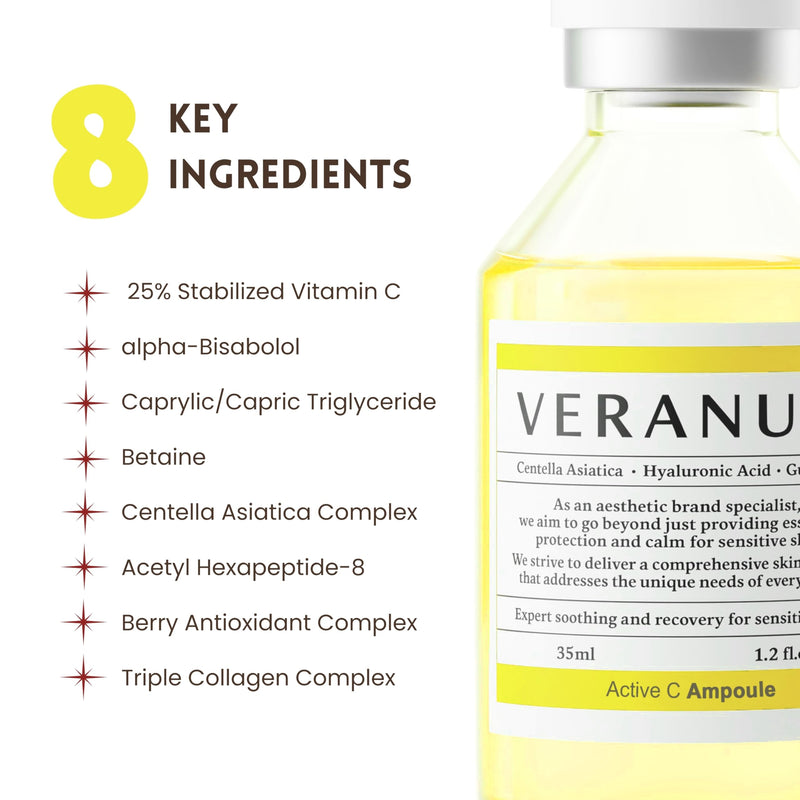 Active C Ampoule – 25% Stabilized Vitamin C Brightening & Firming Serum with Triple Collagen, Centella EV & Peptides – Non-Irritating Korean Skincare for Radiant, Even-Tone Skin – 1.2 fl oz