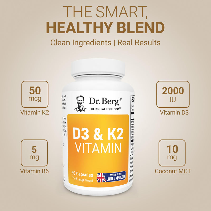 Dr. Berg Vitamin D3 K2 with MCT Powder - Includes 2,000 IUs of Vitamin D3 & 50 mcg MK7 Vitamin K2 - No Added Sugars, Maltodextrin or Corn Syrup - 60 Capsules 60 count (Pack of 1)
