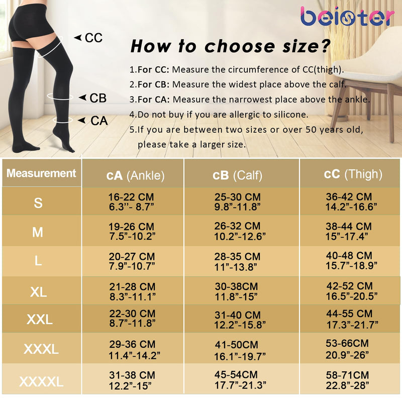 [Australia] - beister 15-20 mmHg Medical Compression Stockings with Dot Silicone Band, Closed Toe Thigh High Graduated Compression Socks for Women Men, Circulation Support Pressure Stockings for Varicose Veins, DVT Black Medium 