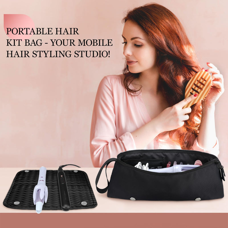 [Australia] - Dadanism Hot Hair Tools Travel Bag with Heat Resistant Mat Removable, Hair Accessories Organizer Case, Women Travel Essentials, Storage Pouch for Curling Iron Straightener Flat Iron HairDryer, Black 