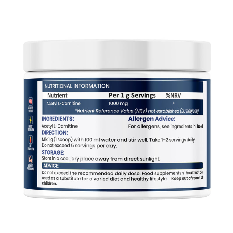Acetyl L-Carnitine Powder 150g | 1000mg Per Serving | Pure ALCAR Formula | Energy Metabolism & Mental Performance Support | No Fillers | Vegan | Halal Certified | Non GMO
