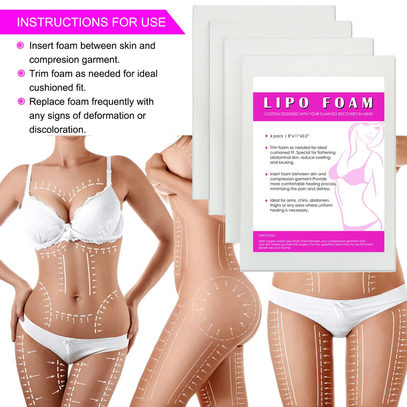 [Australia] - 4 Pack Lipo Foam Post-surgical Ab Board Flattening Abdominal Compression Board for using with Post Liposuction Surgery Compression Garments Foam pads for Recovery 8"X11" White 