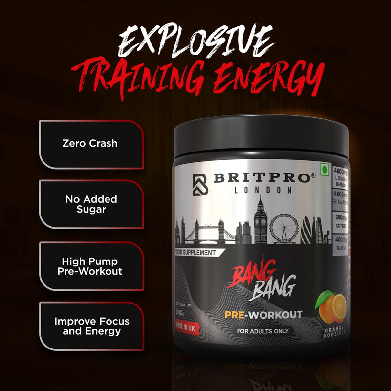 Bang Bang Pre-Workout, 300g - Orange Popsicle Flavour - High-Intensity Pre Workout, Focus & Endurance, Muscle Pump - Clean Energy, No Crash - Made in the UK