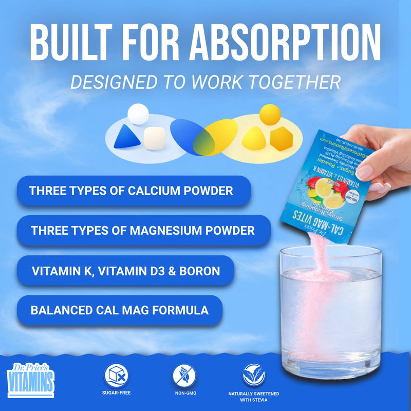 Dr. Price's Vitamins Cal Mag Supplement Powder, Strawberry Lemon, 30 Pack | Calcium Magnesium Supplement, Vitamin D3, K2 & Boron, Bone & Muscle Support, Sugar Free, Made in USA, Doctor-Formulated 3.17 Ounce (Pack of 1)