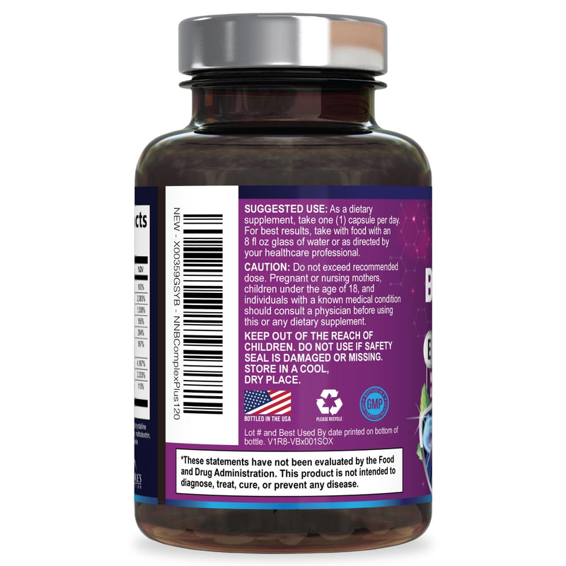 B Complex Vitamins Capsules - Super Complete B-100 Complex with Vitamin B12 B6 C Biotin Folate & Folic Acid for Immune & Energy Support - Supplement for Heart, Brain, & Nerve Support - 120 Capsules 120 Count (Pack of 1)