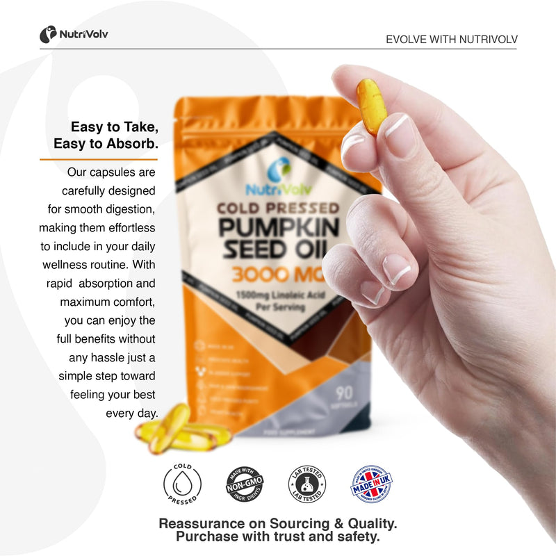 Pumpkin Seed Oil 3000mg | 90 Softgels | 100% Cold-Pressed & High in Linoleic Acid (50%) | Prostate, Bladder, Hair & Heart Health | Pure, No Additives | High Strength Oil Supplement | by NutriVolv