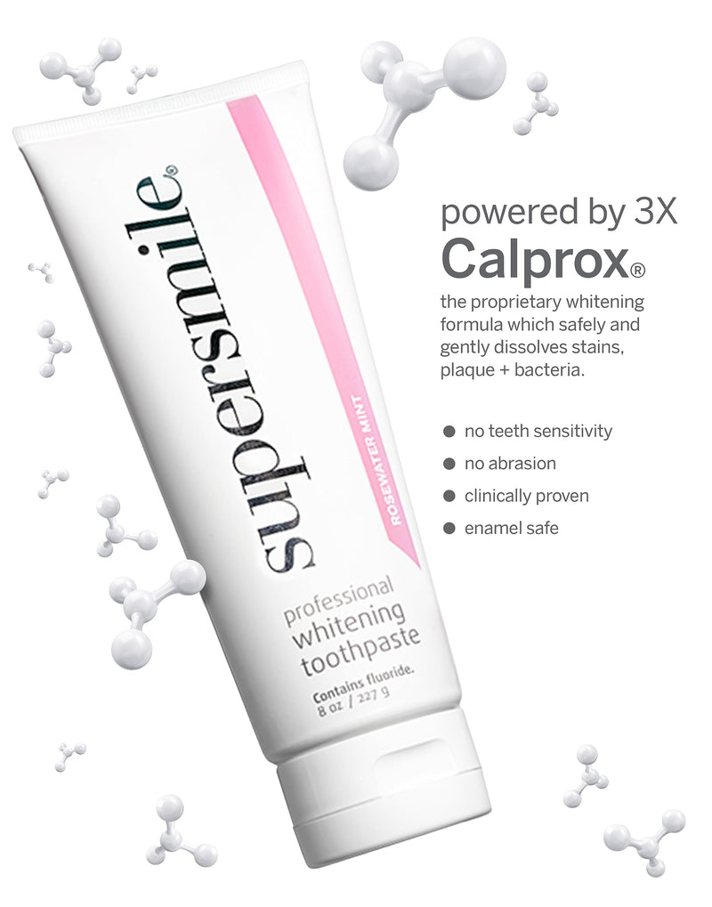 Supersmile Rosewater Mint Whitening Toothpaste, with Fluoride, 8 Oz | Whitens 3 Shades After 1 Day, Moroccan Rosewater + Spearmint Flavor, Veneer Safe, RDA 65, Cavity Protection 8 Ounce (Pack of 1)