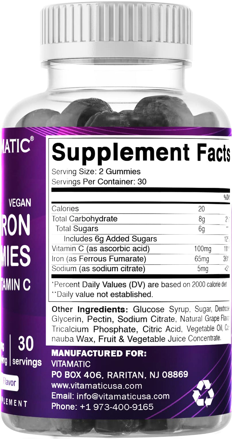 [Australia] - Vitamatic Iron 65 mg Gummies Supplement for Women & Men - 60 Vegan Gummies - Great Tasting Iron Gummy Vitamins with Vitamin C (1) 1 