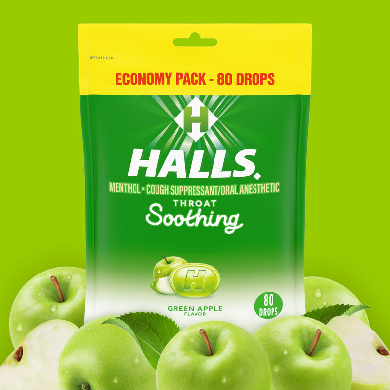 [Australia] - Halls Throat Soothing Green Apple Cough Drops, Economy Pack, 80 Drops 
