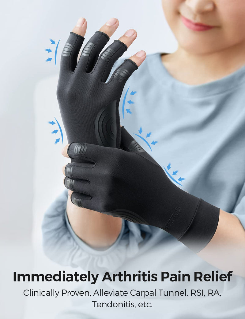 FREETOO Copper Arthritis Gloves for Carpal Tunnel Pain Relief, Strengthen Gloves to Alleviate Hand Pains,Swelling, Fingerless Computer Typing Gloves for Rheumatoid, Tendonitis Women/Men-L Black Large