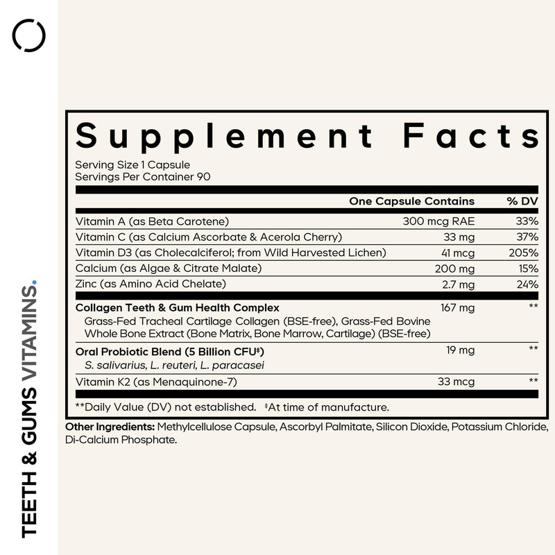 Codeage Teeth & Gums Vitamins + Oral Probiotics Supplement for Mouth - Whole Food Calcium, Collagen, Potassium, Vitamin C, D3, K2, Zinc – Oral Care & Dental Multivitamin Supplements - 90 Capsules 1