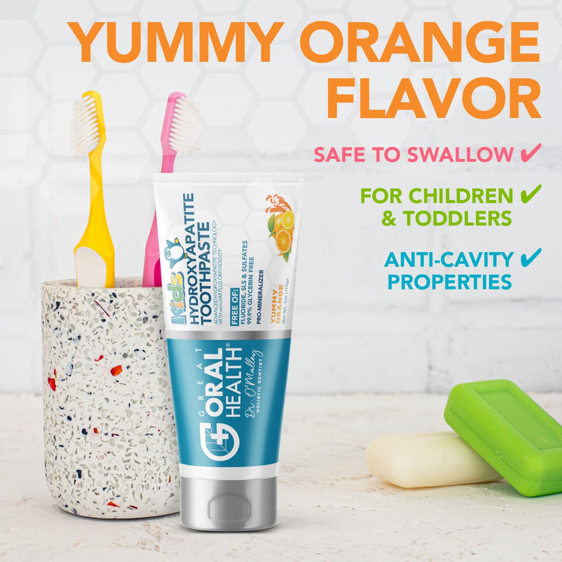 Kids Toothpaste No Fluoride; Non-Toxic Remineralizing Nano Hydroxyapatite Toothpaste Made by Dentist with Xylitol for kids Cavity Protection & Gums, Safe to swallow for Children/Toddlers, Yummy Orange Kids Yummy Orange 4 Ounce (Pack of 1)
