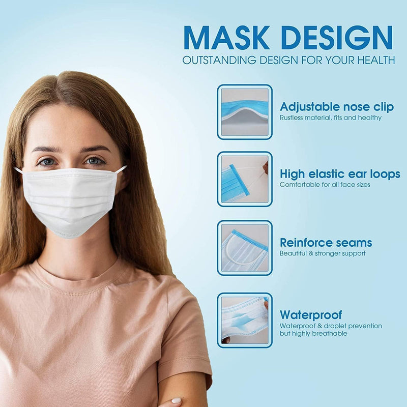 [Australia] - 100 PCS White Disposable Earloop Face Masks for Adults,Real 3-Ply Soft Fabric (2-Layer Non-Woven,1-Layer Melt-Blown),Anti-Dust,Water Proof,Single General Use w. Nose Clip (Other Color-Style Available) 1 Count (Pack of 100) 