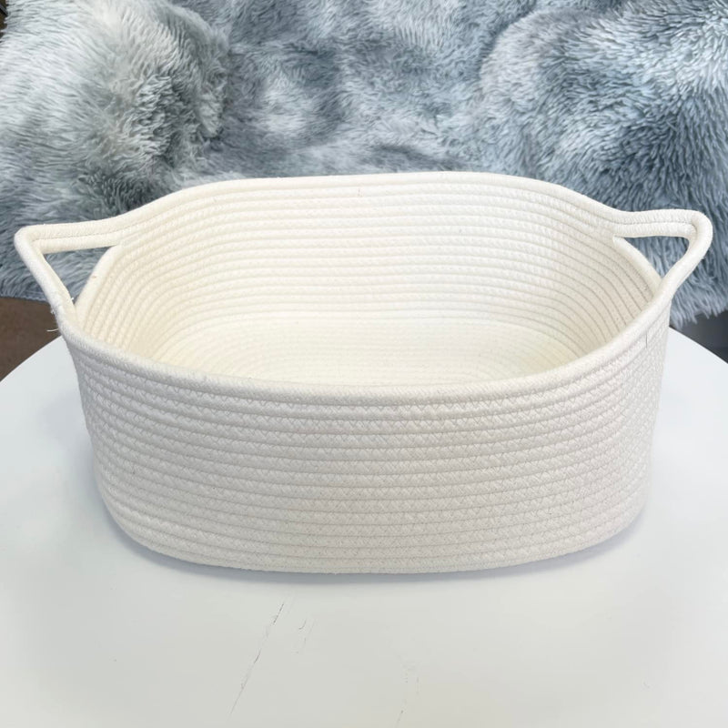 [Australia] - ABenkle Rope Basket, Small Storage Gift Basket, Rectangle Under Shelf Basket, Decorative Boho White Rope Woven Basket with Handle for Baby Dog Toy Egg Fruit Snack Towel Easter 