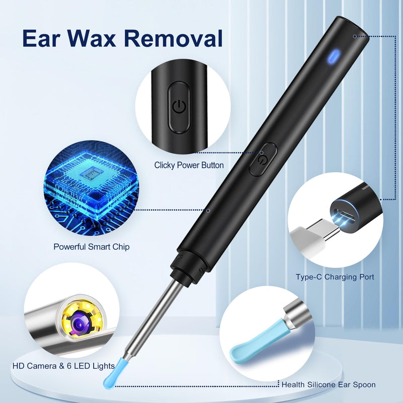 [Australia] - Ear Wax Removal, Ear Cleaner with Camera, Ears Wax Removal Kit with 1296P HD Ear Otoscope with 6 LED Lights, Earwax Removal Tool for iPhone, iPad & Android Smart Phones Black Standard 