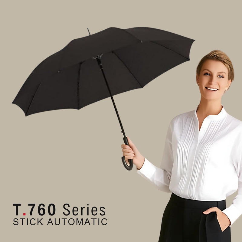 Knirps T.760 Stick Automatic Auto Open Rain Umbrella With Curved Handle - Windproof Travel Cane With Automatic Open Button - For Adults - 107cm Diameter Black