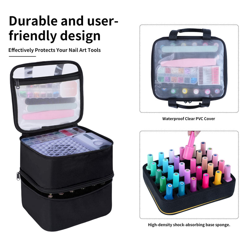 Nail Polish Organizer Case Holds 30 Bottles (15ml - 0.5 fl.oz) | with Sponge Plug In Transparent Flip Cover Nail Kit Storage Bag for Manicure Tools for Womens Black 30 Double Layer