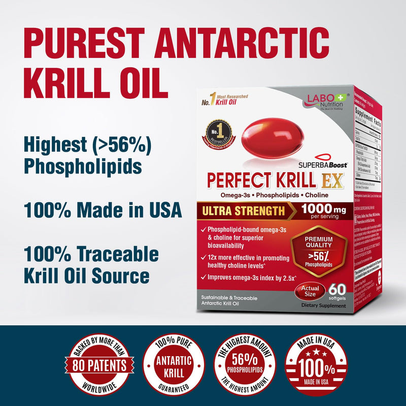 [Australia] - LABO Nutrition Perfect Krill EX, 1000mg Antarctic Krill Oil Omega 3 EPA DHA, Highest Phospholipids (Over 56%) with Choline, Astaxanthin | Heart Brain Eye Joint Health, Made in USA, 60 softgels 1 