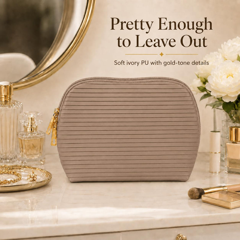 Waterproof Fold-Down Travel Makeup Bag for Women, Cosmetic Organizer with Multi-pocket, Stand Toiletry Bag (Premium Version, Taupe Brown, Medium)