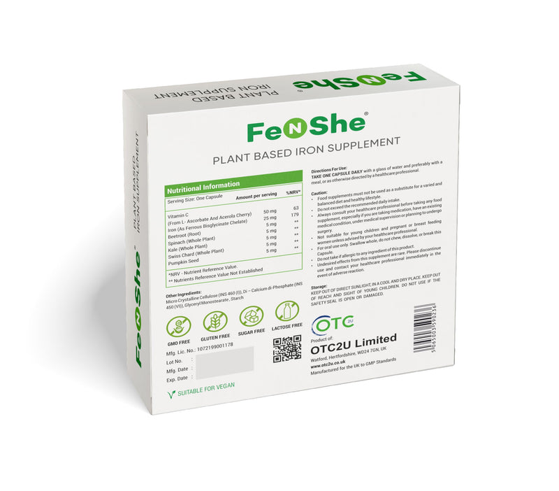 FeNShe Plant-Based Iron Supplement for Women & Men | 60 Vegan Capsules | High Absorption Complex with Vitamin C | Non-Constipating Gentle Formula