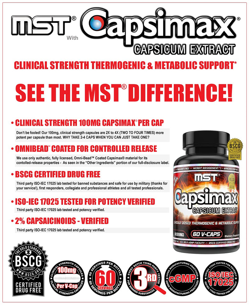 [Australia] - MST Capsimax Supplement 100mg V Capsules, 60 Servings Clinically Dosed Weight Management, Thermogenic, Appetite Control, Calorie Burning, Metabolic Health, Stimulant Free. BSCG Certified 
