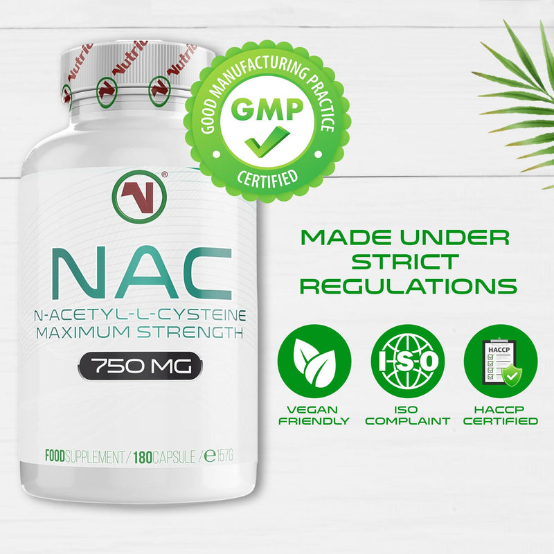 NAC Supplement 750mg | Vegan Capsules | N-Acetyl-Cysteine Amino Acid - High Bioavailability - Providing Non Toxic Stable Form of L-Cysteine - EU Made to ISO and GMP Standards (180) 180 count (Pack of 1)