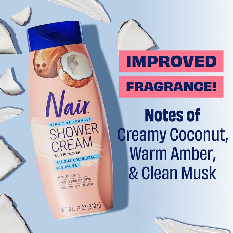Nair Sensitive Shower Cream Hair Remover with Natural Coconut Oil and Vitamin E, Body Hair Removal Cream, 12 oz (Pack of 2) 12 Ounce (Pack of 2)