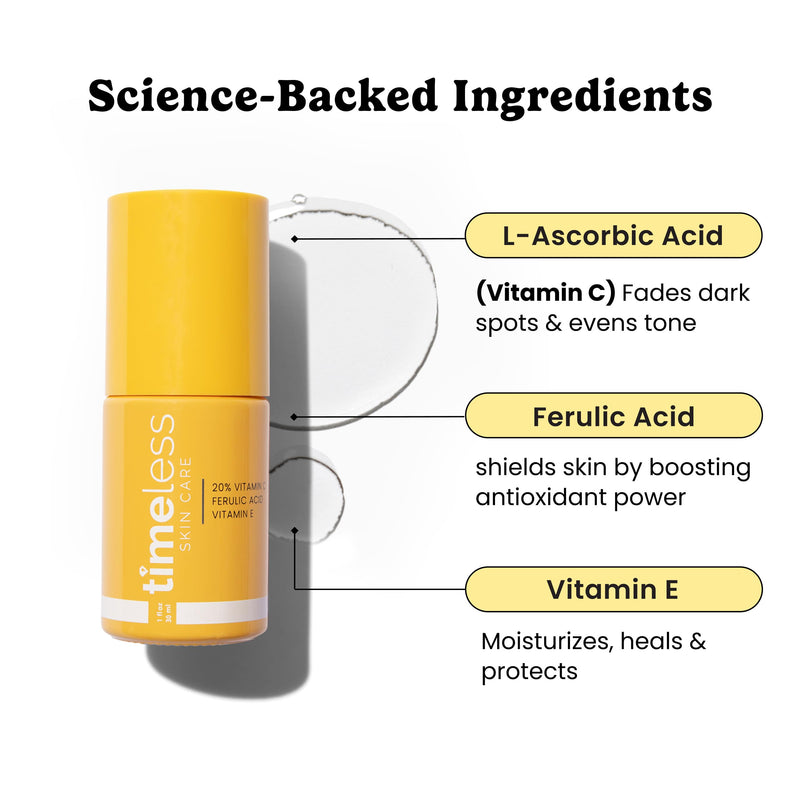 Timeless Skin Care Vitamin C Serum with Vitamin E & Ferulic Acid - Brightening Serum - for Oily & Dry Skin - Fragrance-Free - 1 oz | Vitamin C Serum for Even Skin Tone and Collagen Support, Antioxidant-Rich Advanced Skincare Formula, Lightweight