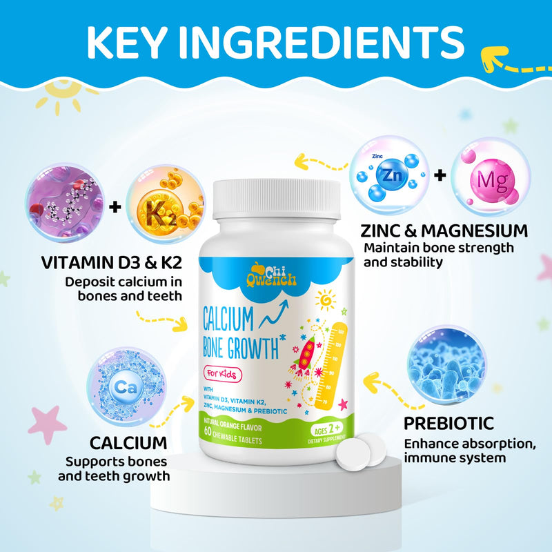 ChiQwench 500 MG Calcium Supplement with Vitamin D3 & K2, Zinc, Magnesium & Prebiotics. Kids Vitamins for Kids' Height. Bone Strength, High Absorption, Orange Chewables, Non-GMO, Gluten Free, 60 Tabs 60 Count (Pack of 1)