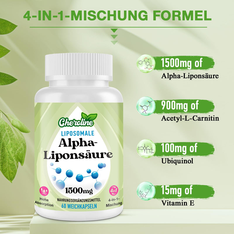 [Australia] - Liposomal Alpha-Lipoic Acid 1500 mg Soft Capsules, with Acetyl-L-Carnitine 900 mg & Ubiquinol 100 mg & Vitamin E 15 mg, Highly Effective 4-in-1 ALA Supplement (60 pieces (pack of 1)) 60 pieces (pack of 1) 