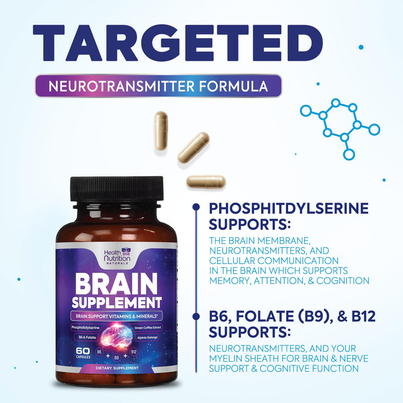 Brain Memory Supplement - 3X Strength Nootropics for Concentration, Clarity & Focus Support - Brain Health Cognitive Vitamins B6 & B12 with Phosphatidylserine & Folate, Brain Booster, 60 Capsules 60 Count (Pack of 1)