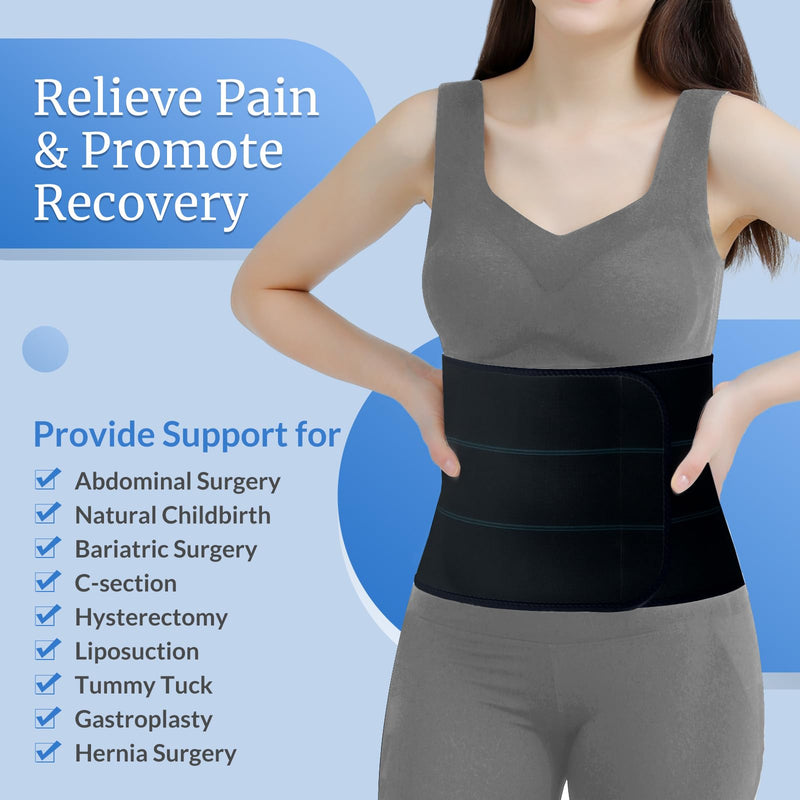 Abdominal Binder Post Surgery - Elastic Belly Band Compression Stomach Wrap Tummy Tuck Belt - Skin Friendly, Breathable, Soft - 3 Panel - Black (Size M) Medium (30"-45")