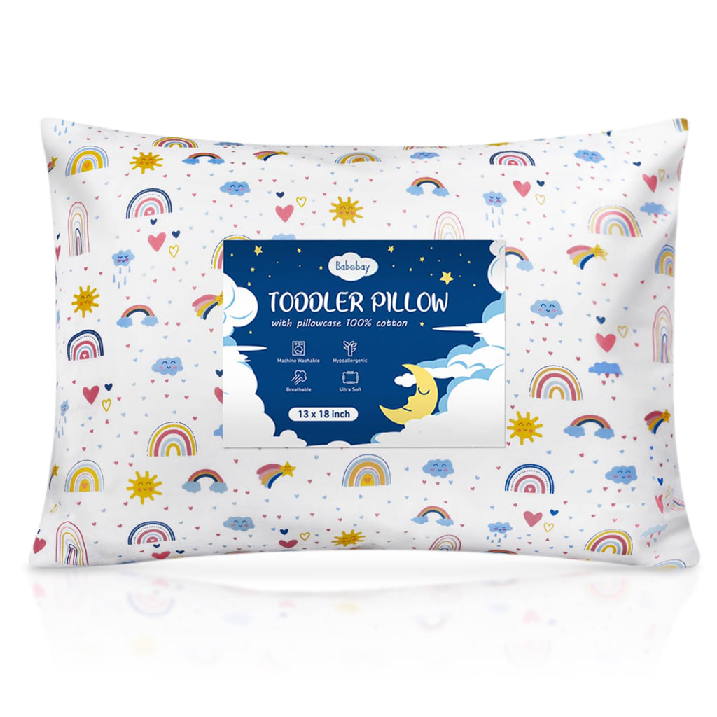 Babebay Toddler Pillow,13X18 Soft Toddler Pillows for Sleeping, Machine Washable Kids Pillow with Cotton Pillowcase, Perfect for Travel, Toddlers Cot Sunny Rainbow 13x18 Inch (Pack of 1)