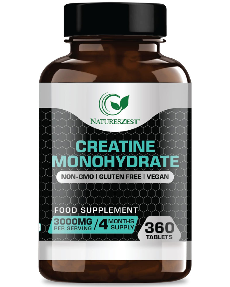 Nature's Zest Creatine Monohydrate Tablets 3000mg – 360 Tabs, Gym Energy Supplement for Men & Women, Non-GMO, Gluten Free, Vegan Tablets - Keto Unflavoured, for Performance & Muscle Power