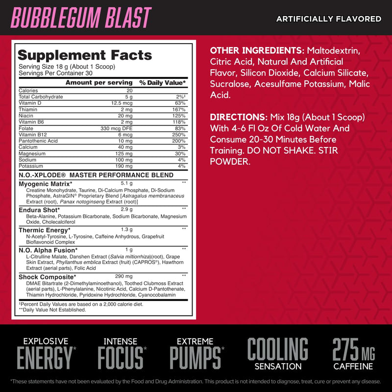 [Australia] - BSN N.O.-XPLODE Cool Rush Pre Workout Powder, Preworkout Energy Supplement for Men and Women with Creatine and Beta-Alanine, New Flavor: Bubblegum Blast, 30 Servings 1.2 Pound (Pack of 1) 