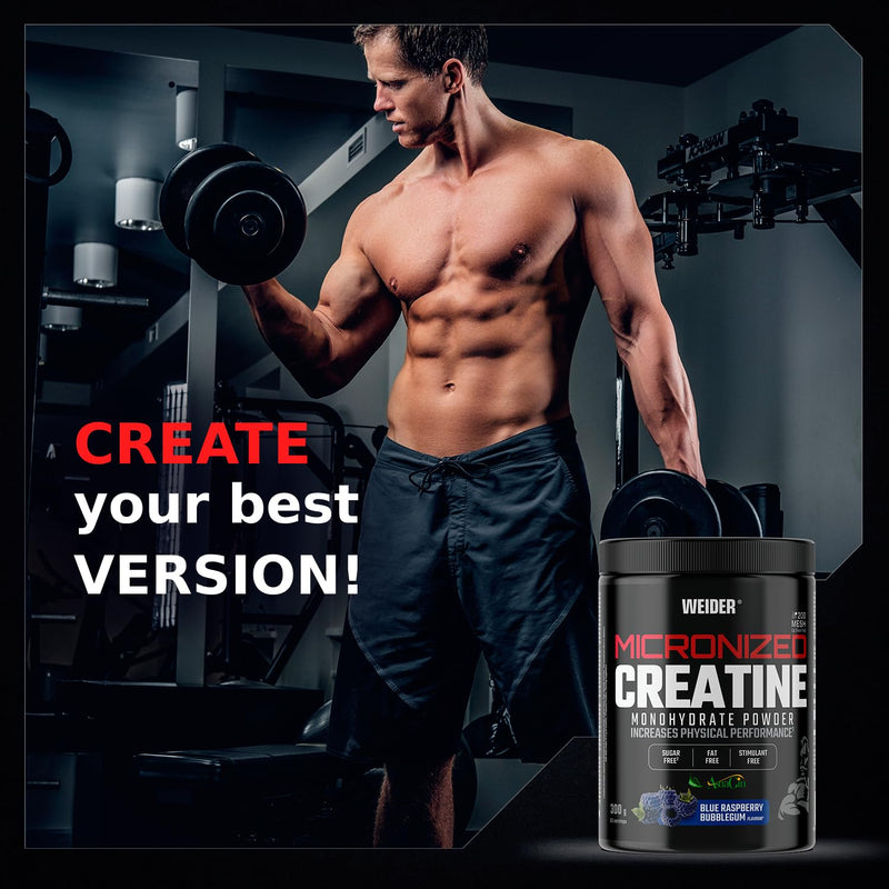 Weider Micronized Creatine Monohydrate Powder (300g) Blue Raspberry Bubble Gum Flavour. Creatine Monohydrate 200 Mesh Ultrafine with AstraGin, with Stevia, Vegan, Increases Physical Performance