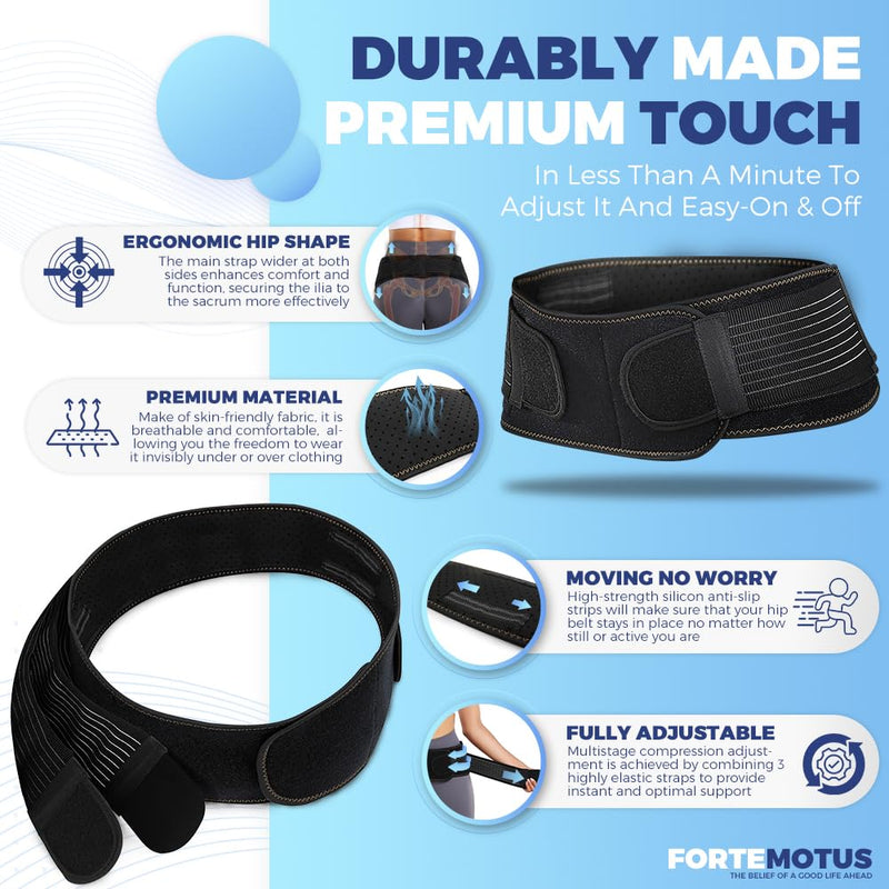 FORTEMOTUS Sacroiliac SI Joint Hip Belt, Lower Back Support Relief from Si Joint, Sciatica, Pelvis, Back Pain, Fully Adjustable Hip Braces for Sacral Nerve, Hip Loc Tilt Up Belts Braces Women and Men Midnight Medium