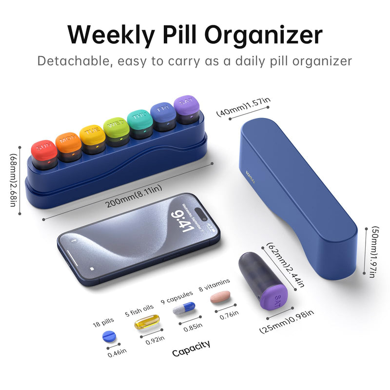KOVIUU Weekly Pill Organizer 1 Time a Day, Detachable Pill Box 7 Day, Blue | Travel Pill Case | Once Daily Medication Dispenser | Week Pill Holder Container for Vitamin, Medicine, Supplement | BPA-Free