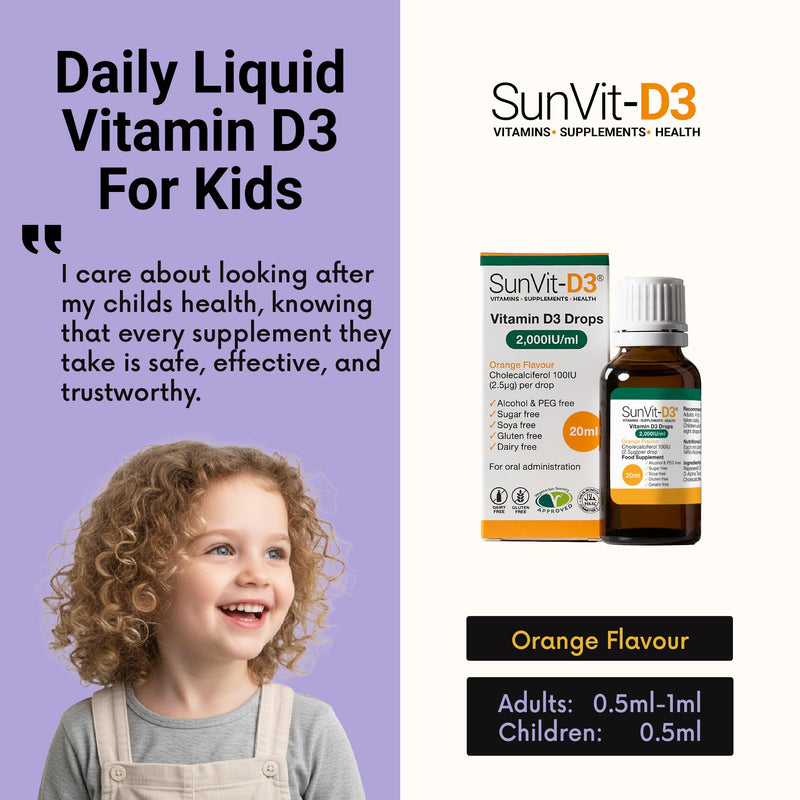 SunVit-D3 Vitamin D3 2000iu Drops - Cholecalciferol Baby Vitamin D Drops, Vitamin D for Kids | Support The Maintenance of Bone, Teeth, Muscle & Immune System | Vitamin D Kids (20ml Orange Flavor)