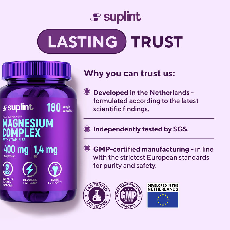 Magnesium Complex 400 mg – Bisglycinate + Citrate with Vitamin B6 – High Strength & Lab Tested – for Nerves, Muscles & Energy – Vegan, No Additives – 180 Capsules 180 count (Pack of 1)