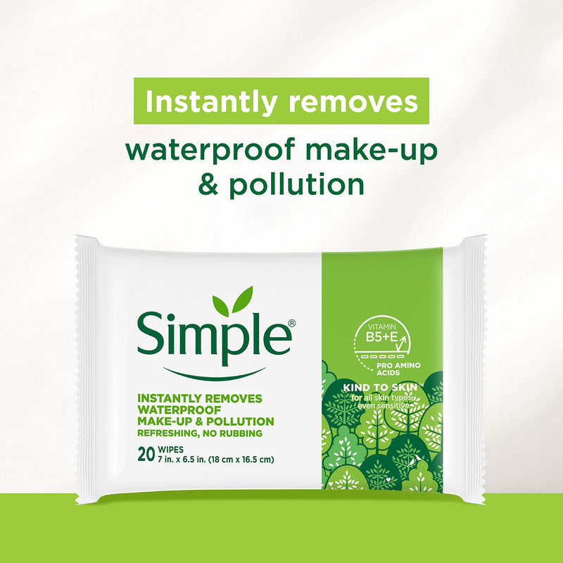Simple Kind to Skin Cleansing Wipes Micellar Gentle and Effective Makeup Remover Free from color and dye, artificial perfume and harsh chemicals 20 Wipes 25 Count (Pack of 1)
