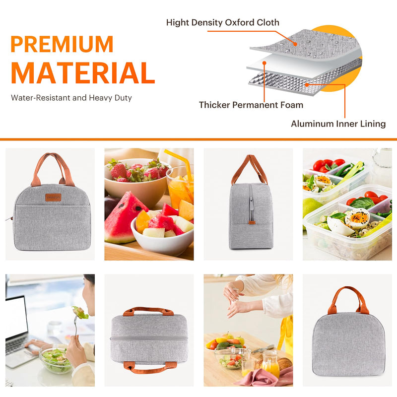 [Australia] - Lunch Bag for Women & Men Adult Insulated Lunch Box, Small Leakproof Cooler Food Lunch Containers Reusable High Capacity Lunch Tote Bags for Work, Travel, Outdoor (Grey) Gray 