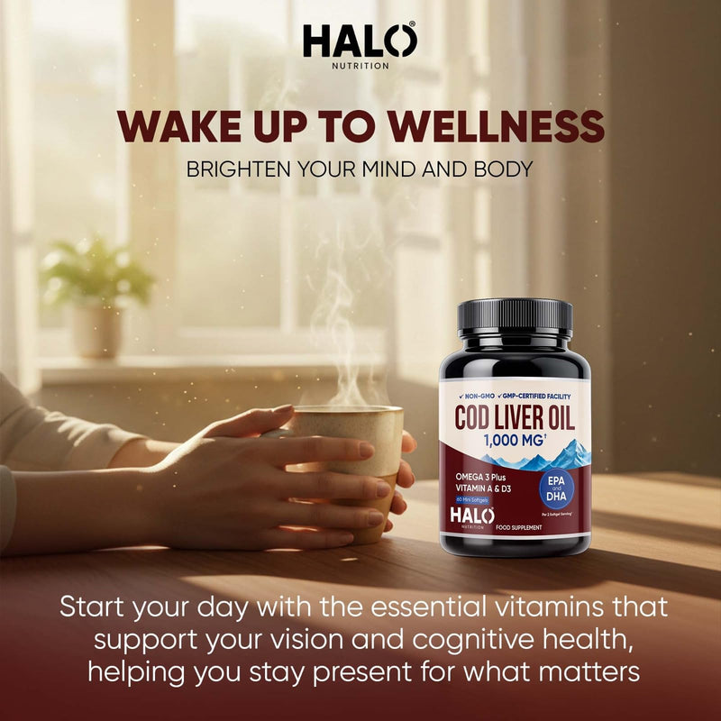 Cod Liver Oil Softgels 1000MG | Omega 3 + Vitamin A & D3 | Wild Caught Cod Liver Oil, Sustainable Sourced & Molecularly Distilled | EPA DHA Omega 3 Supplement for Bone, Eye & Immune Health | 60 Ct